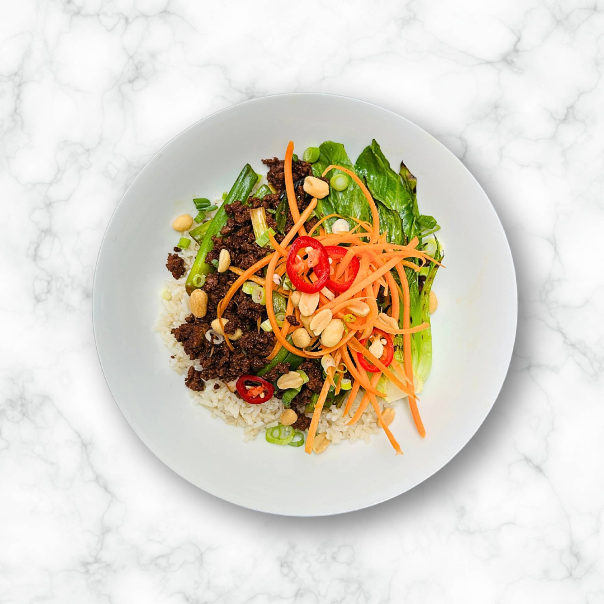 Mongolian Beef, Steamed Rice, Pak Choi, Shredded Carrot