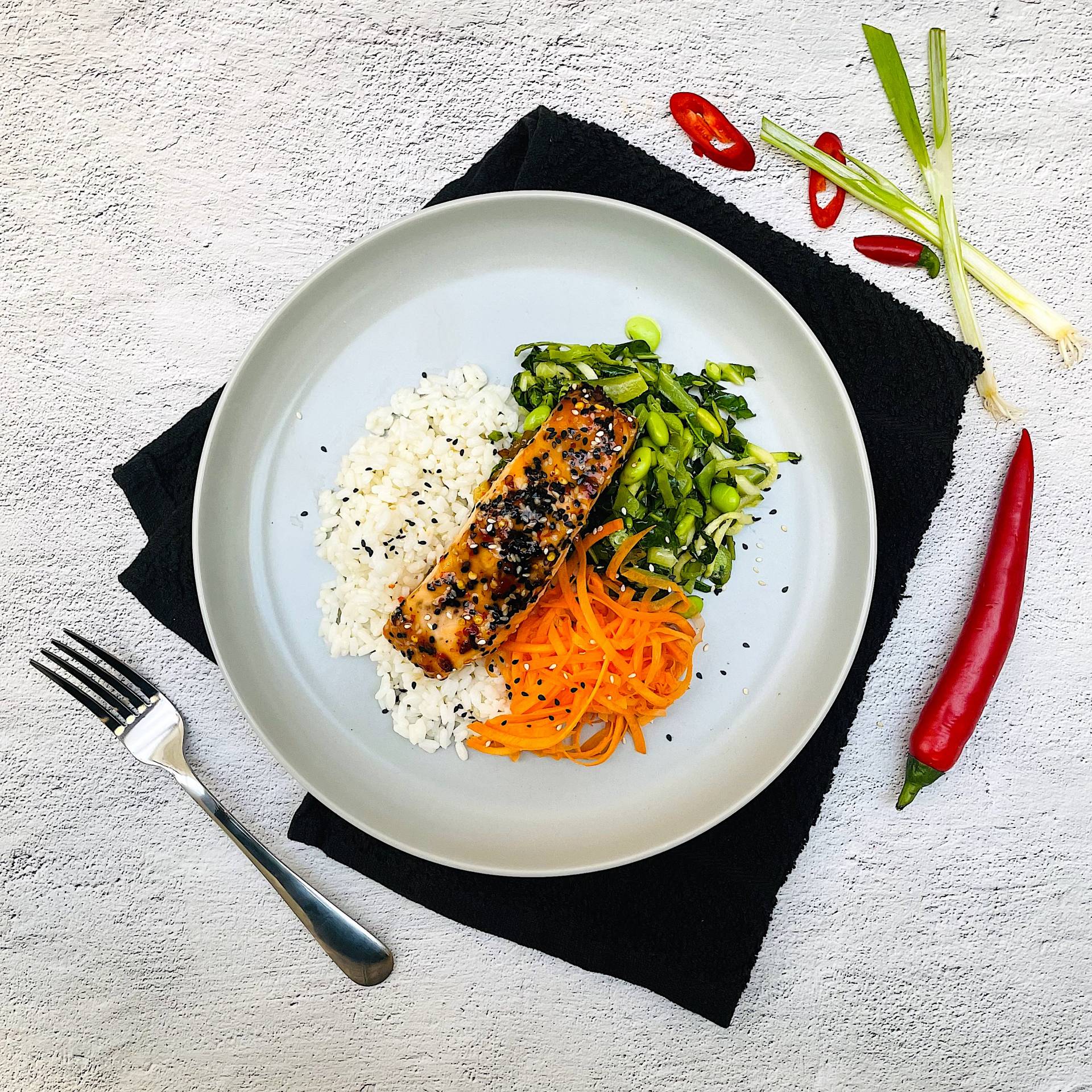 Sweet Chilli Salmon, Rice, Carrot and Edamame Salad