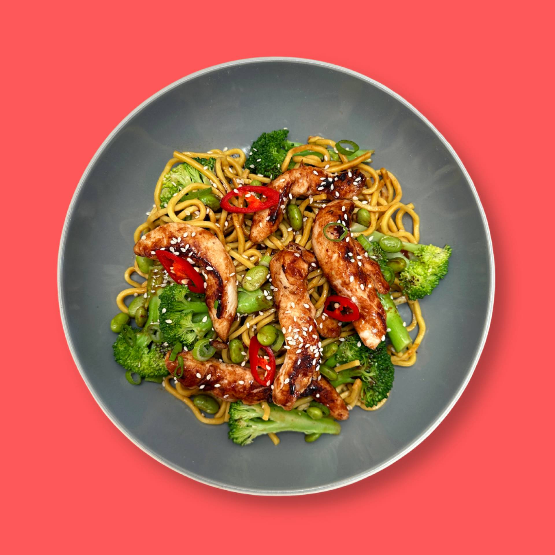 TERIYAKI CHICKEN, EGG NOODLES, STEAMED BROCCOLI