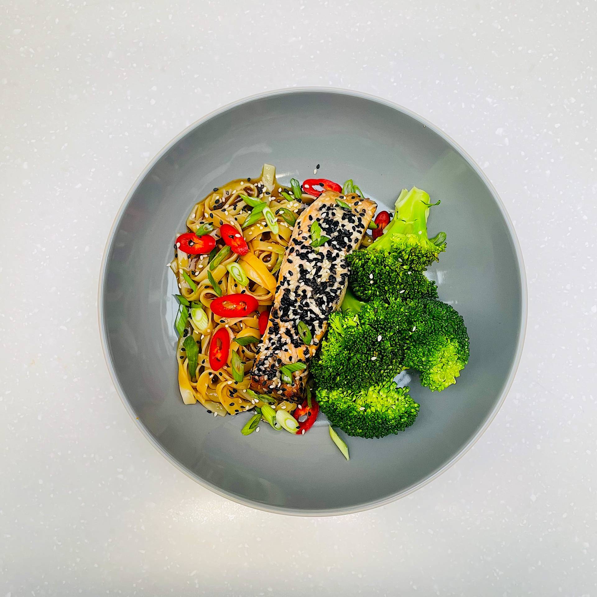 TERIYAKI SALMON, NOODLES, BROCCOLI