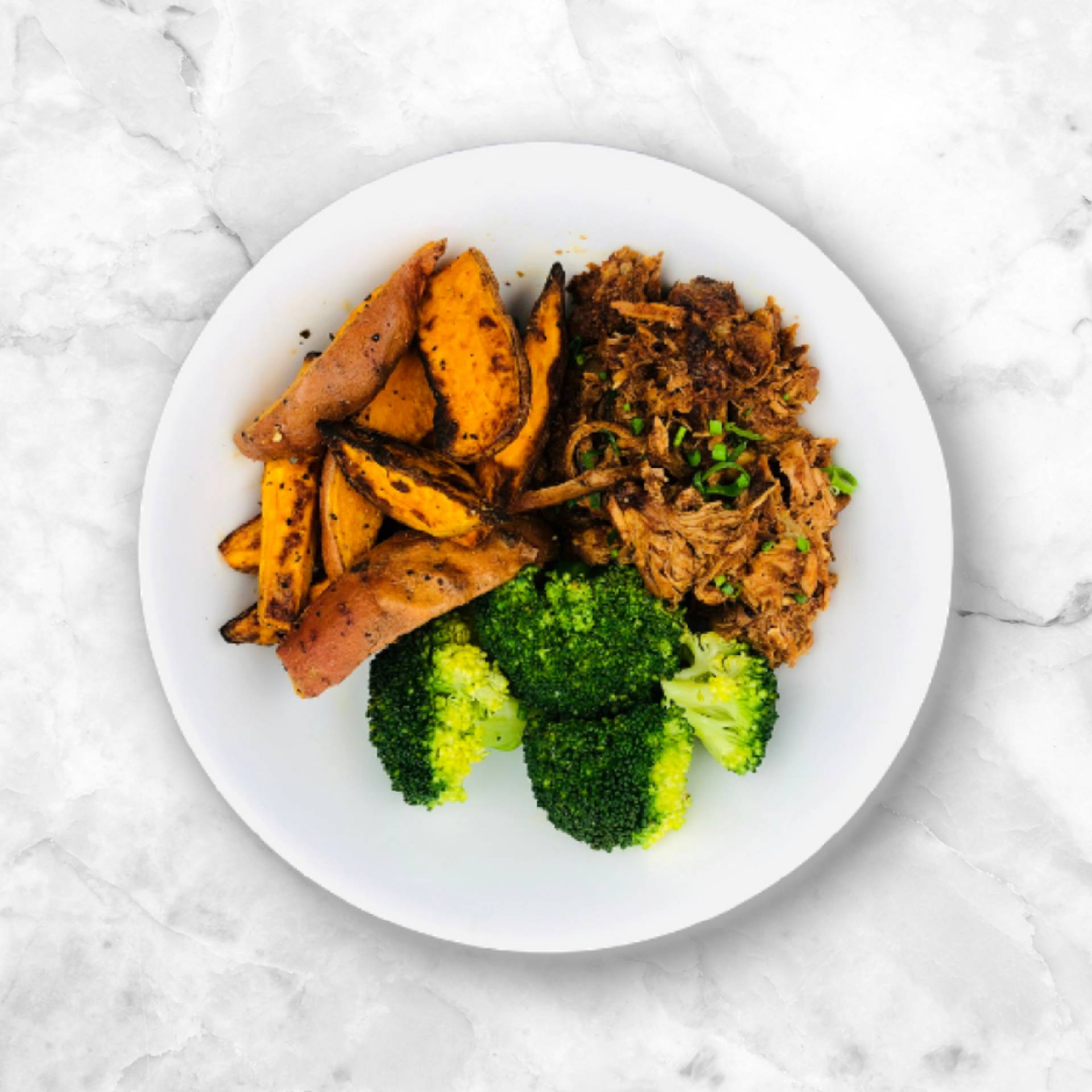 BBQ Pulled Pork, Sweet Potato Wedges, Steamed Broccoli