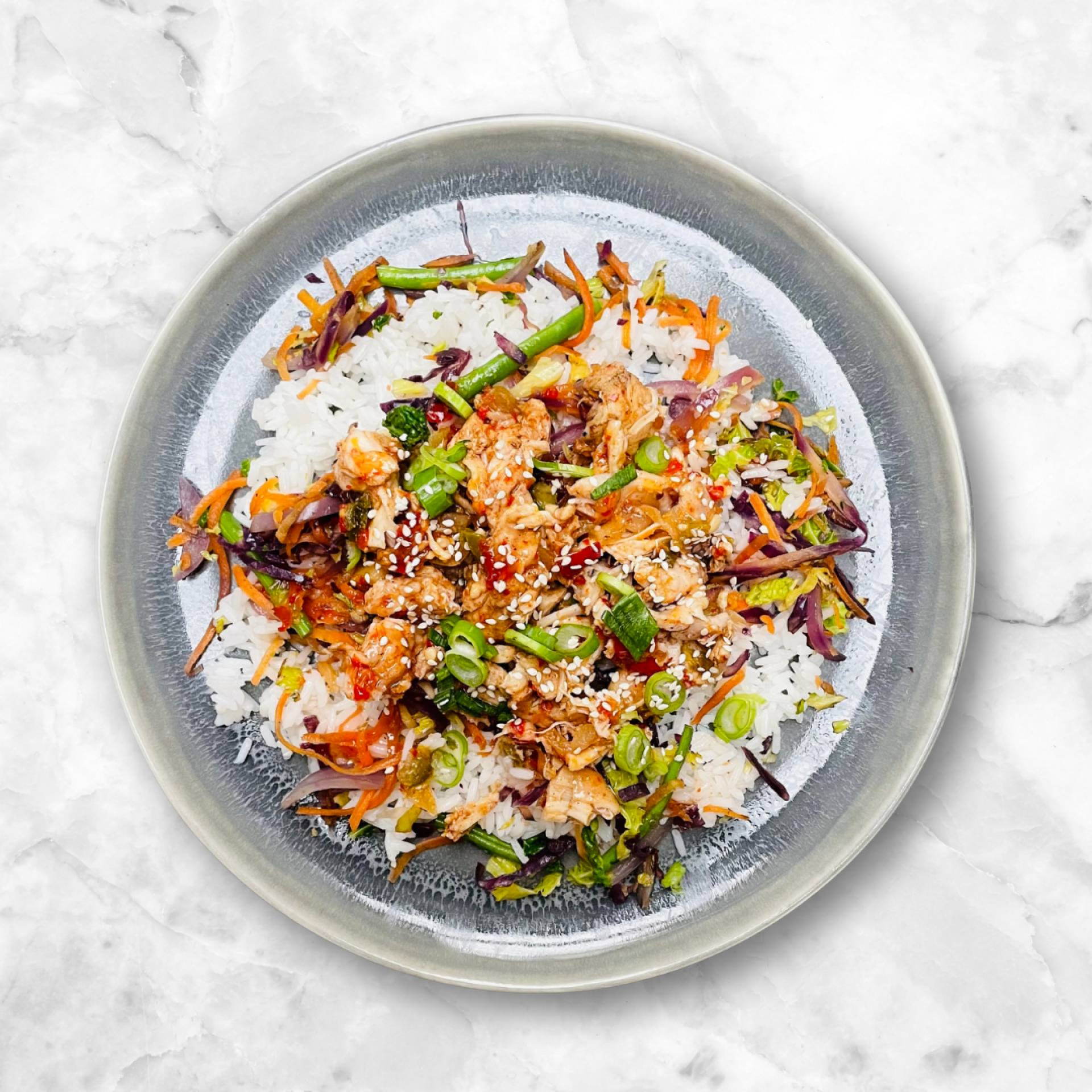 CRISPY SALT AND CHILLI CHICKEN, RICE, STIR FRY VEG