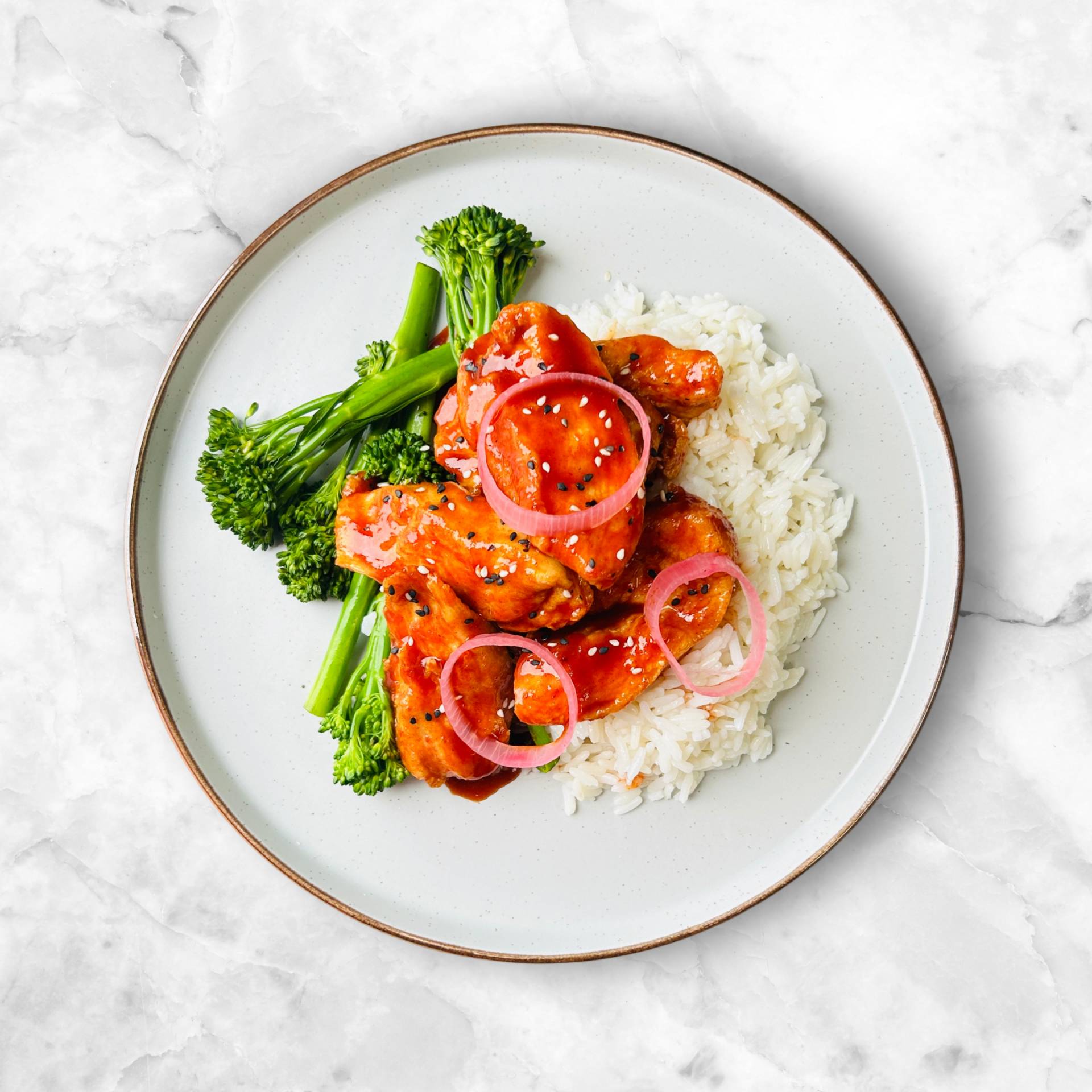 Sticky Korean Chicken, Rice and Tender Stem