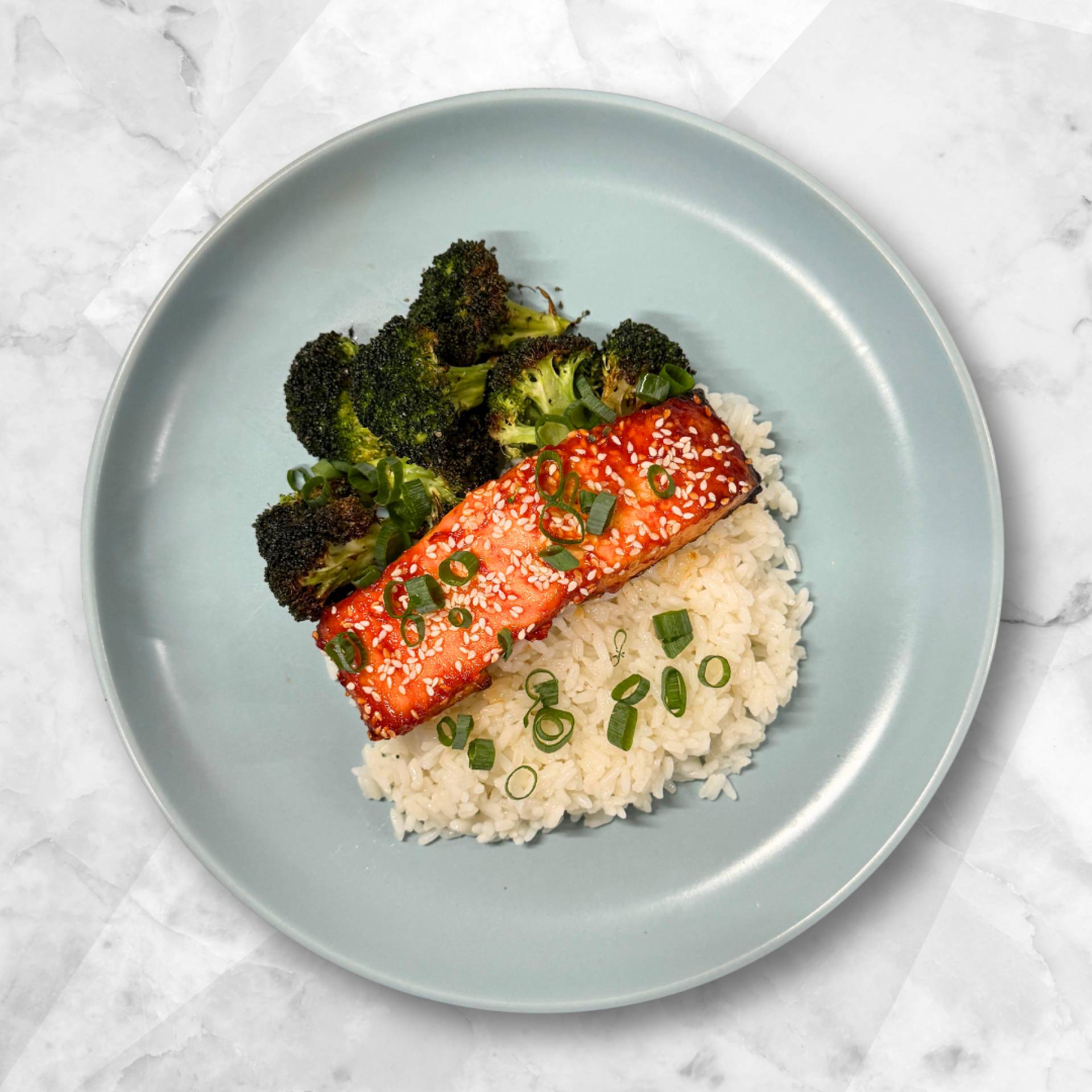 HONEY SRIRACHA SALMON, RICE, SESAME ROASTED BROCCOLI