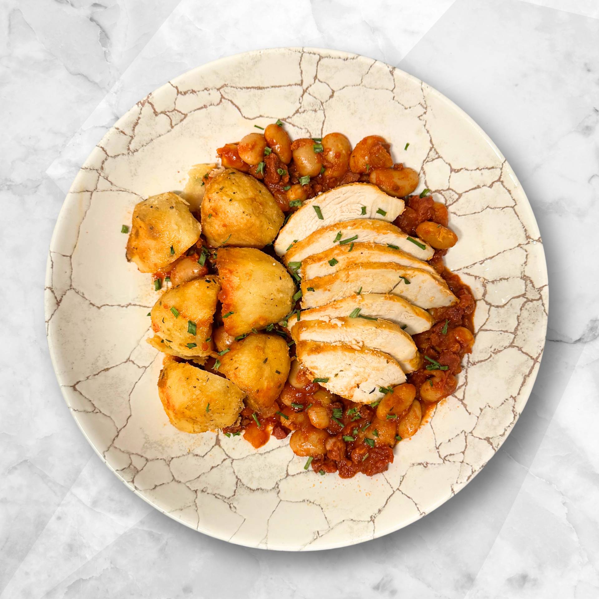 CHICKEN AND CHORIZO STEW, ROAST POTATOES