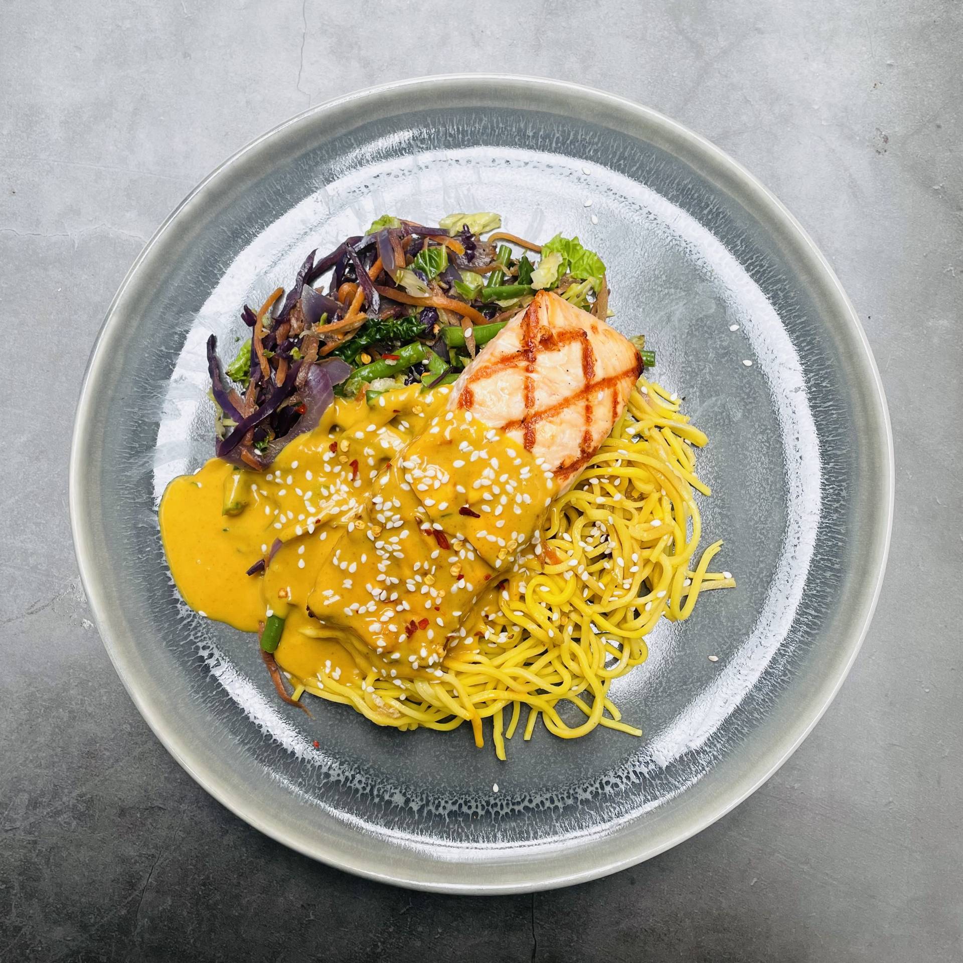 SALMON SATAY, NOODLES, STIR FRY VEG