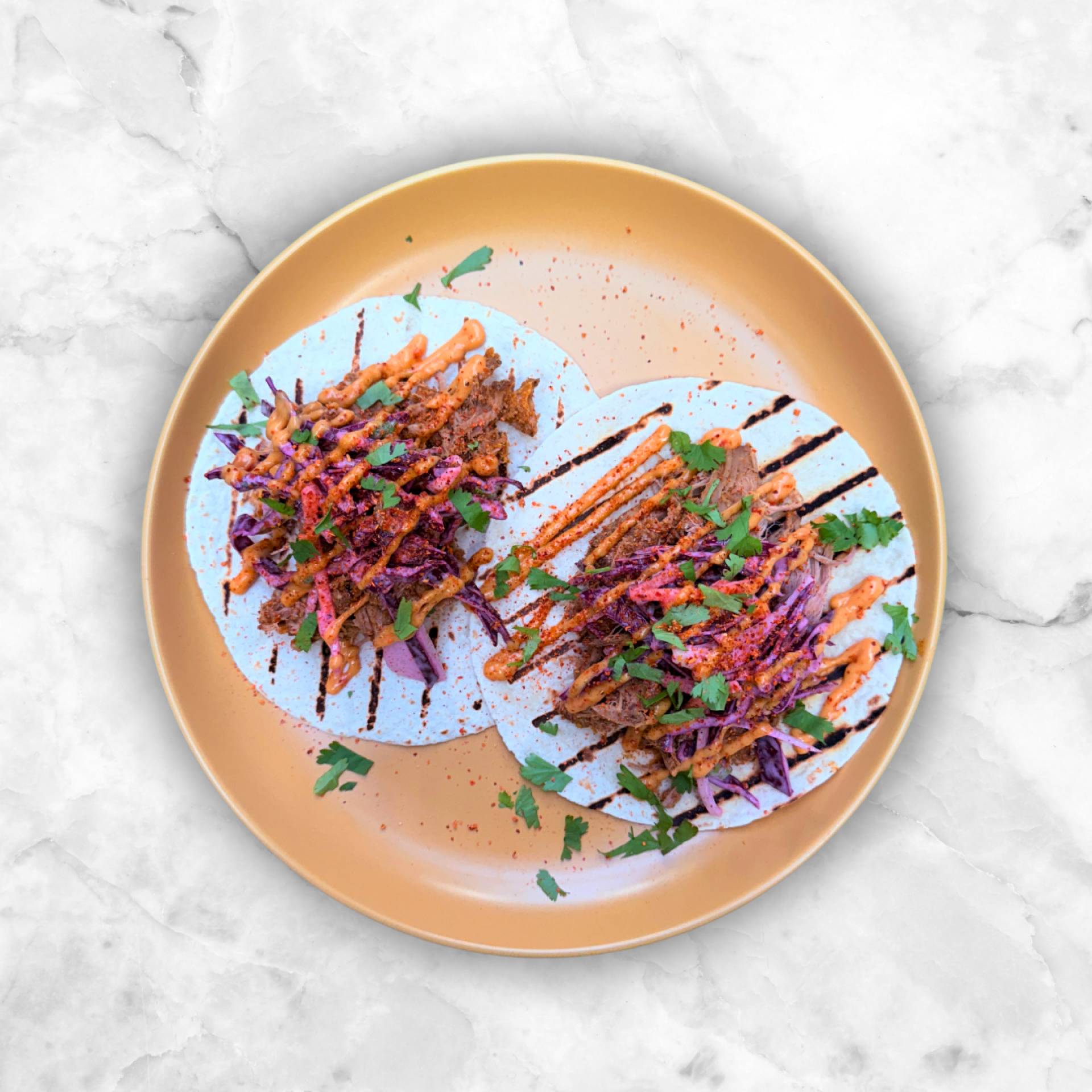 CHIPOTLE BBQ PULLED PORK TACOS, RAINBOW SLAW