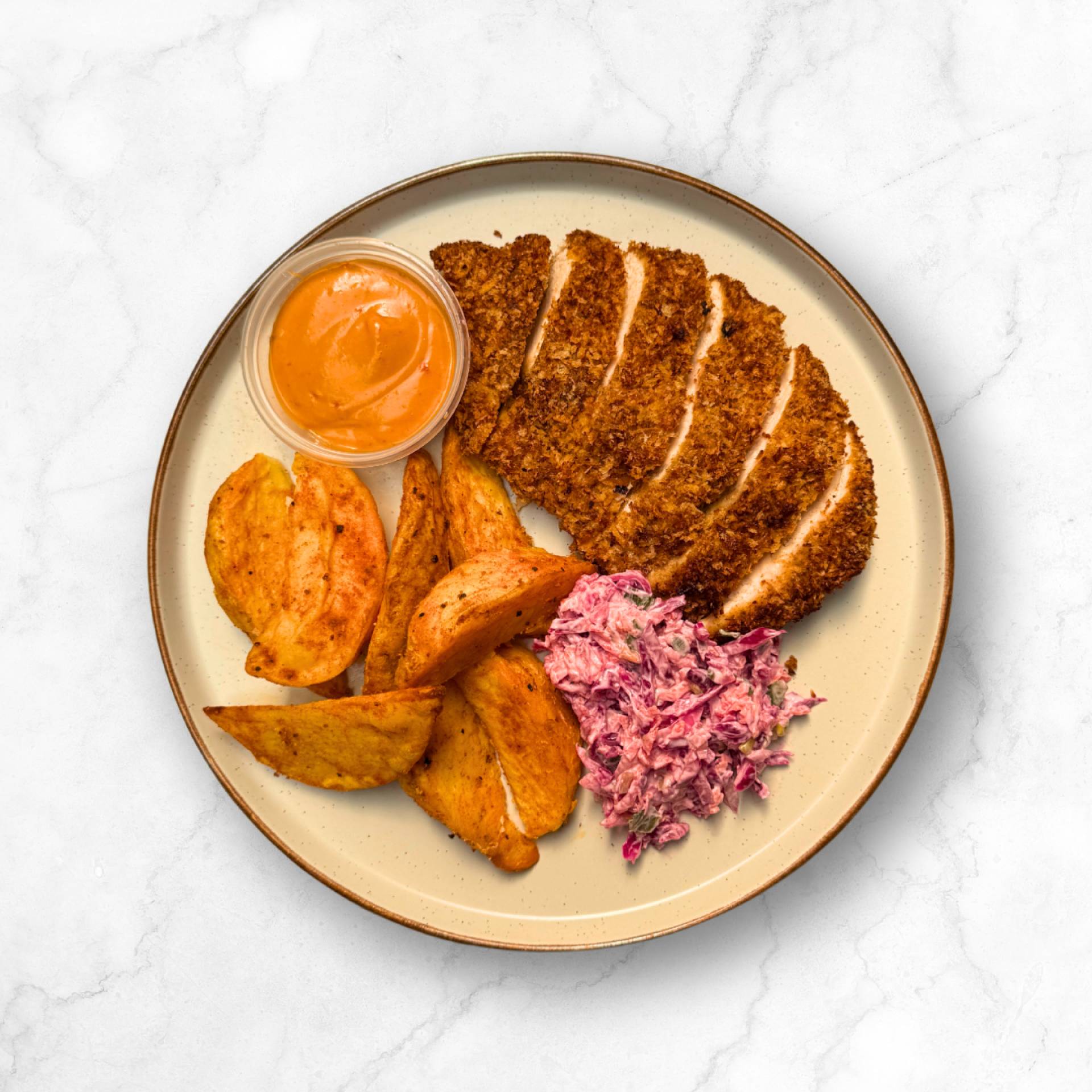 NAKED CAJUN CHICKEN BURGER, WEDGES, SLAW, CHIPOTLE SAUCE